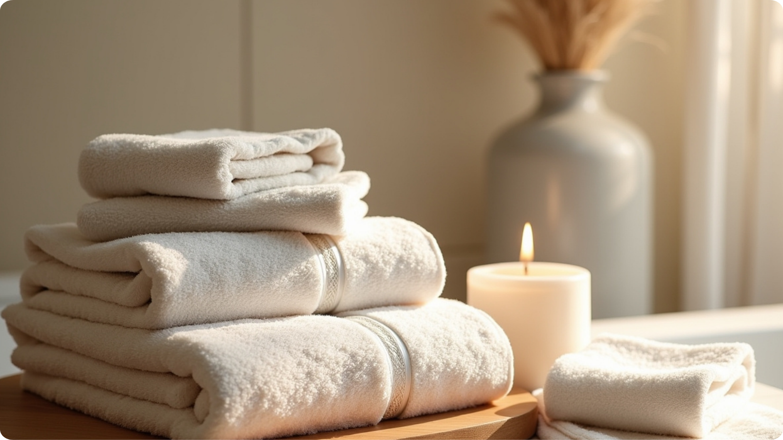 Folded white towels and a lit candle in a calm indoor setting